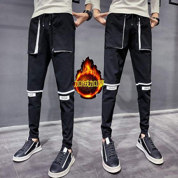 

men's pants thickening autumn 2021 man self-cultivation leisure time winter increase down streetwear hip hop harem hombres, Black