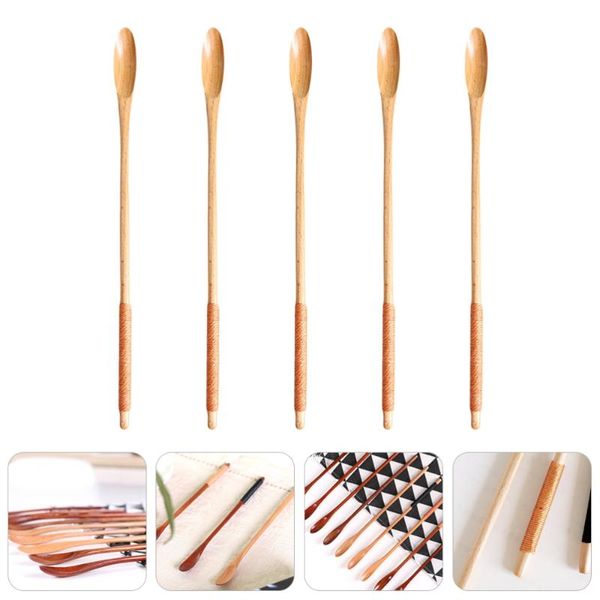 

spoons 5pcs wooden stirring honey mixing spoon long handle drink