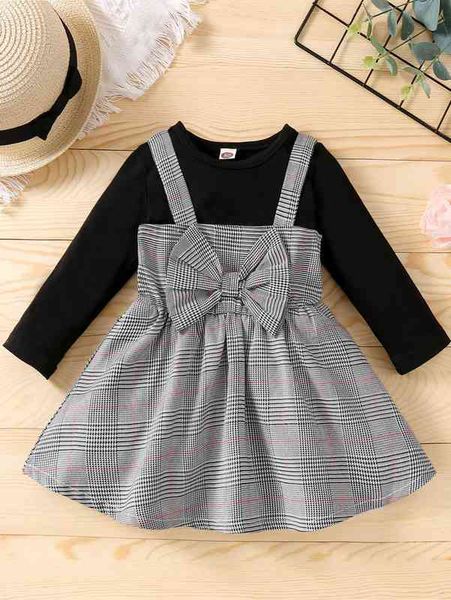 

baby round neck & plaid bow front overall dress she, Blue
