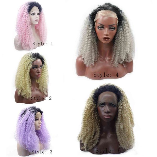 

wig female front lace black gradient dyed small curly set, Black;brown