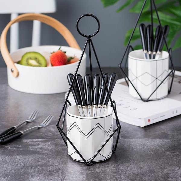 

forks 6pcs + holder cup shelf home office cafe shop dessert cake fruit fork set tableware for kids kitchen dinnerware tools