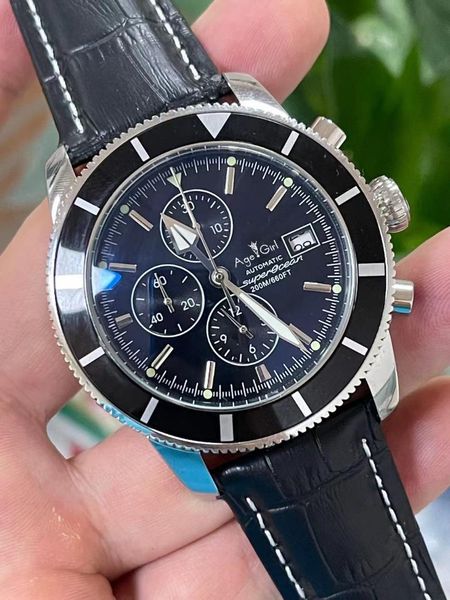 

wristwatches luxury black blue brown leather superocean mens watch sapphire ceramic bezel quartz chronograph stainless steel date watches, Slivery;brown