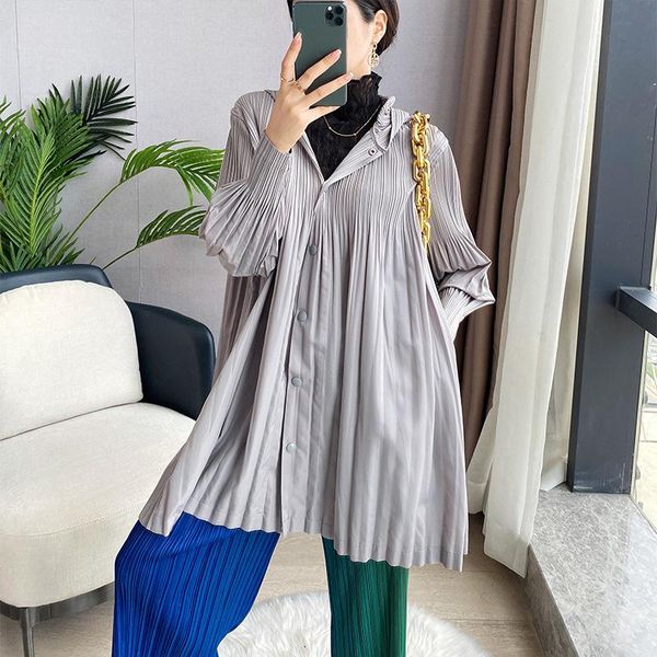 

women's trench coats changpleat women autumn miyake pleated coat fashion solid loose large size female tide, Tan;black