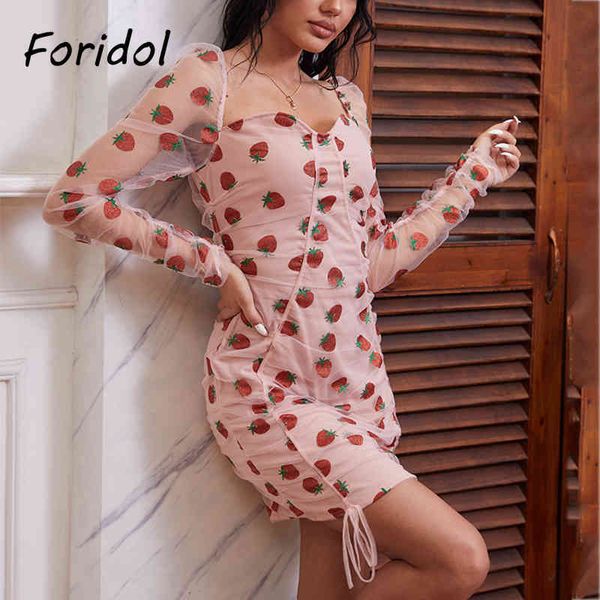 Foridol Çilek Baskı Payetli Bodycon Mini Elbise Kadın Puf Kol Mesh Tül Elbise Glitter Pembe Kısa Parti Elbise 210415