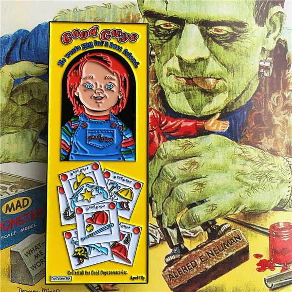 

pins, brooches good guys chucky prop box enamel pin child's play doll horror movie fans the brooch classic badge, Gray