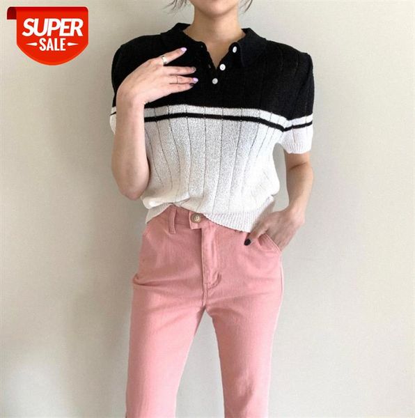 

inspolo women's knitted sweater contrast striped short-sleeved #lj0k, Black;gray