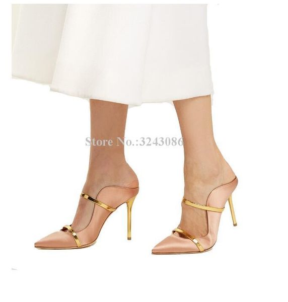 

lady gold strap stiletto heel sandals fashion pointed toe mixed color luxury design high heels dress shoes women, Black