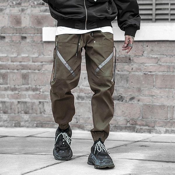 Calças masculinas moda homens homens techwear corredores calça hip hop streetwear lavado algodão zíper patch bolso estilo coreano harem homem