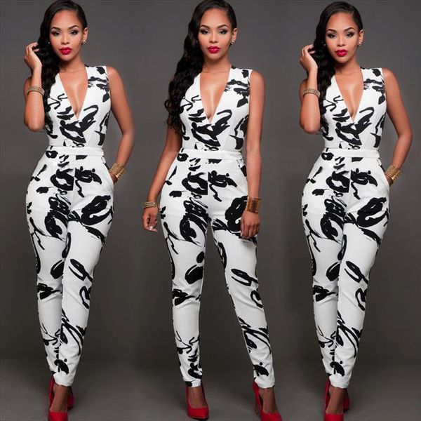 

elegant high waist off shoulder women jumpsuit print v neck clubwear playsuit party romper long trousers streetwear, Black;white