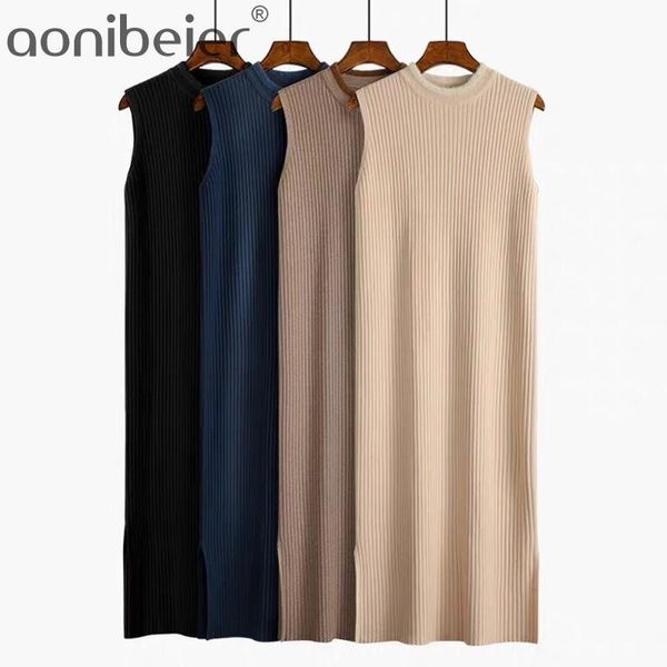 

aonibeier flocking stitching round neck women knit dress 2021 sleeveless long sweaters side slit ladies casual midi pencil women's, White;black