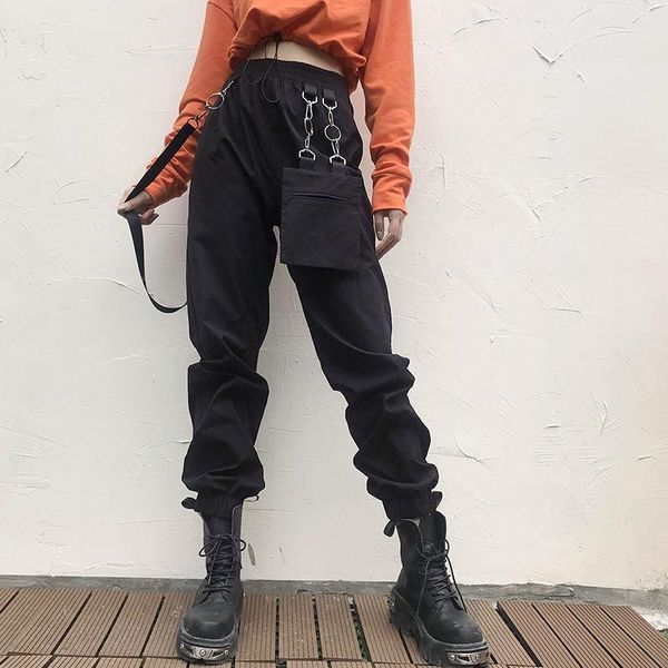 

elastic waist overalls 2021 summer korean loose metal buckle ribbon bag hip hop casual leggings women's pants & capris, Black;white