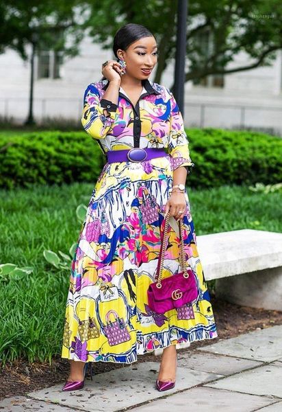 

casual dresses 2021 autumn fashion leisure loose national ethos commuter printing long sleeve collar dress, Black;gray