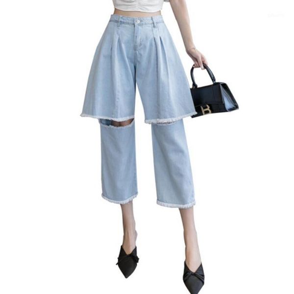 

spring summer women fashion hole jeans calf-length high waist plus size thin loose wide leg denim pants bottoms f125 women's, Blue
