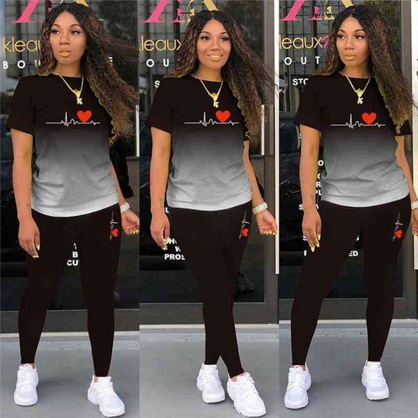 

two piece suit casual sportswear womenpant cotton gradient pullover short sleeve o neck sports fitness trousers summer, White