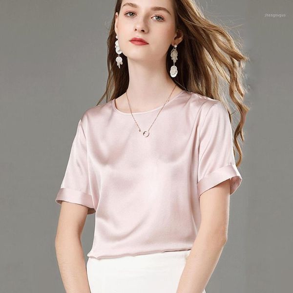 

women's blouses & shirts silk for women short sleeve real mulberry charmeuse 19 momme ladies button slit back closure, White