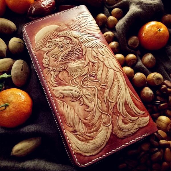 

wallets handmade customized carving noble phoenix purses women long clutch vegetable tanned leather wallet grade gift, Red;black