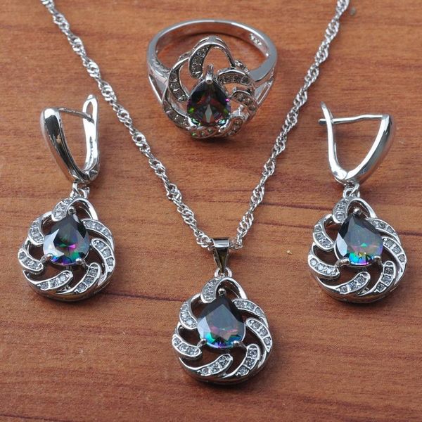 

earrings & necklace silver color jewelry sets for women multicolor rainbow zirconia brithday gift pendant rings set js0633