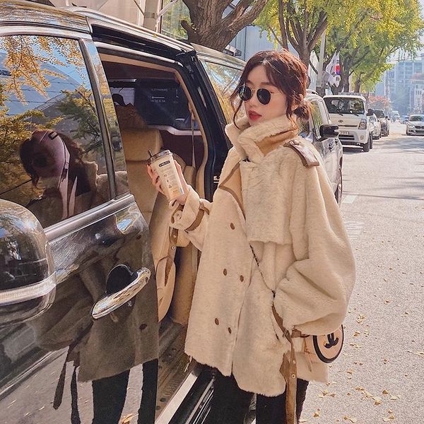 

women's jackets locomotive jacket women winter 2021 korean version loose retro hong kong flavor thick lamb fur, Black;brown