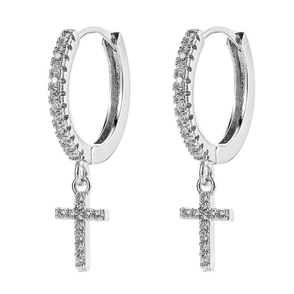 

hoop & huggie f2td fashion cute cross earrings cz crystal dangle for women korean wedding jewellery, Golden;silver