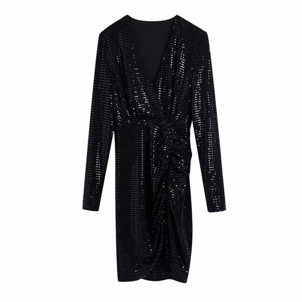 

women summer vintage pleated mini dress long sleeve v-neck sequins street female elegant party dresses clothes vestido 210513, Black;gray