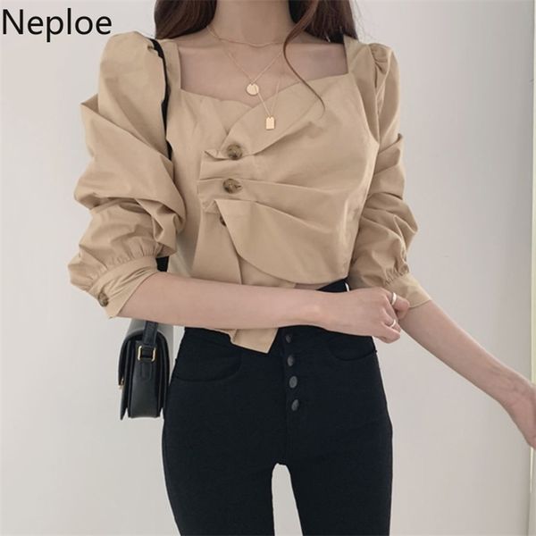 

neploe chic high waist slim fit short blouse pleated irregular solid blusas mujer autumn spring exposed collarbone shirt 210401, White