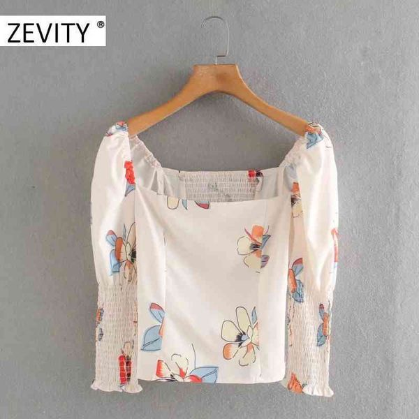 

zevity women vintage square collar puff sleeve print short smock blouse female elastic casual slim shirt chic blusas ls7086 210419, White
