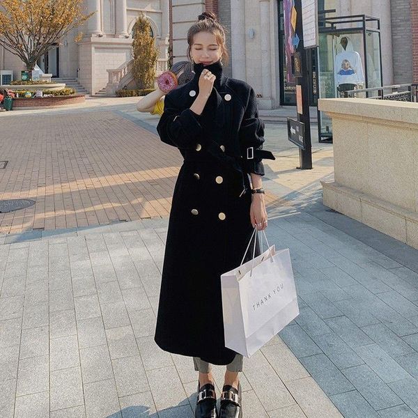 

women's wool & blends high-end elegant black woolen coat women 's mid-length winter overknee thickened