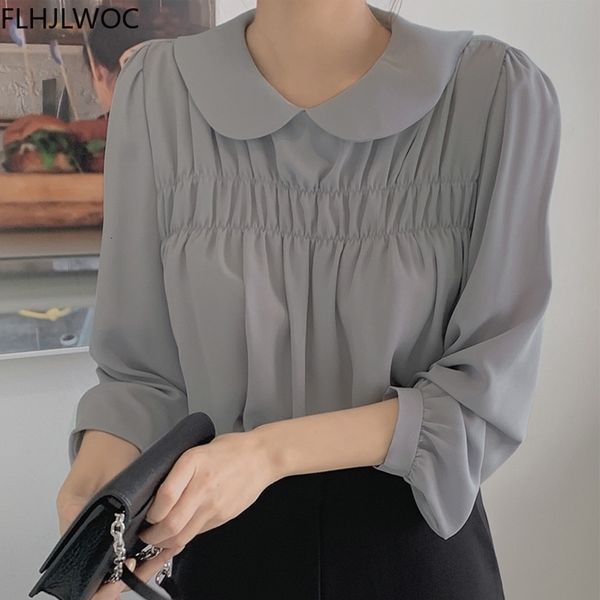

women's knits & tees korea chic japanses cute sweet girls lady flhjlwoc design solid peter pan collar single breasted women s, White