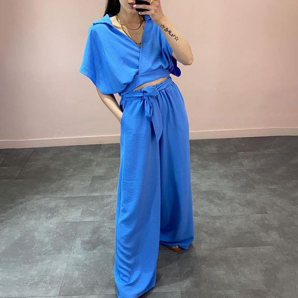 

women's two piece pants hadara high waisted casual suits women fashion v neck short sleeve suit elegant tie belt loose female ladies, White
