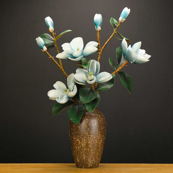 Magnolia Künstliche Blumen PU Große Gefälschte Blume Teddy Frische Marineblau Flores Artificiales De Alta Calidad Dekoration 210624