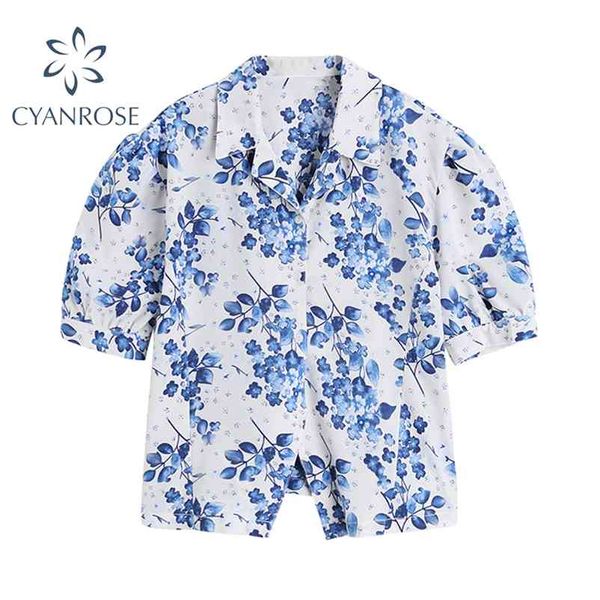 

summer women's fashion flower printing short shirts puff sleeve trun-down collar single breasted blouse female 210430, White