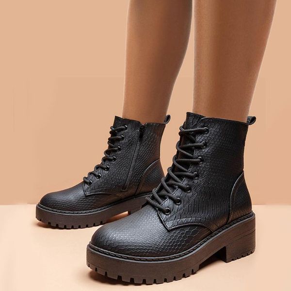 

boots brand chic high-quality shoelaces chunky heels skidproof sole work safety ankle booties women shoes footwear, Black
