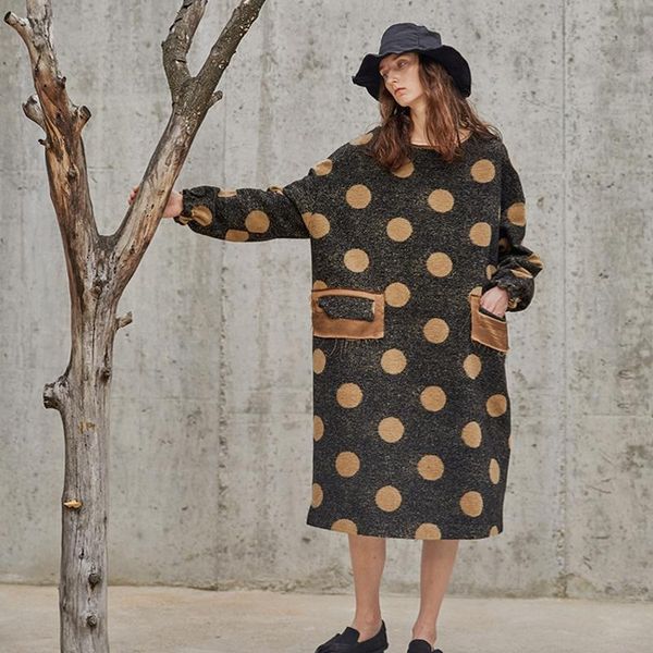 

casual dresses 2021 autumn winter collection women clothing long oversized polka dot wool dress, Black;gray