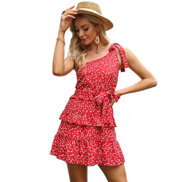 

2021 summer short skirt lace up printed ruffle one shoulder suspender s, Black;gray
