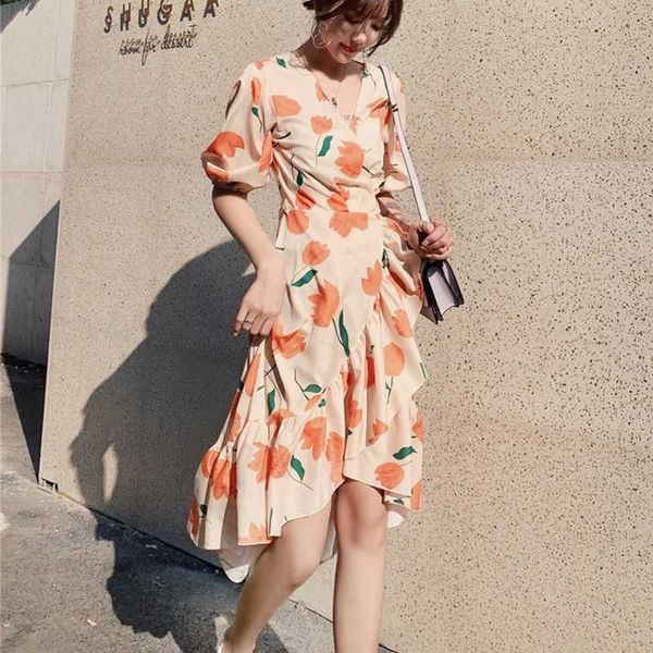 

summer dress women deep v-neck flower print es hem folds bohemian style mini ruffle beach 210601, Black;gray