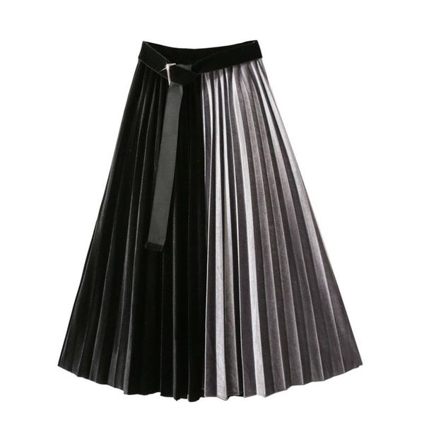 

autumn and winter high-waist gold velvet pleated skirt stitching two-color retro belt elastic waist mid-length skirts, Black
