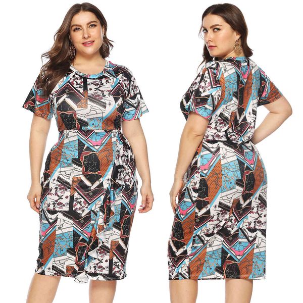 

women's plus size large printed short sleeve round ne mid length slim 11508