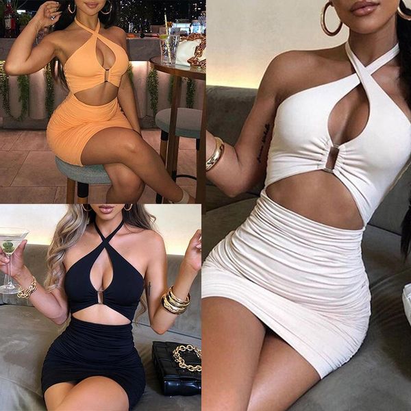 

casual dresses summer women dress 2021 orange black white halter ruched bodycon cut out backless chic strap beach mini party, Black;gray