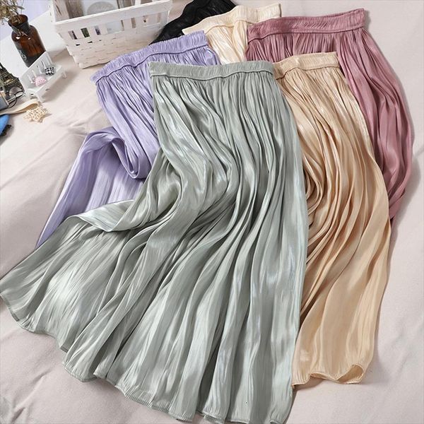 

fashion all match satin shiny womens skirts long korean style slim solid silk metallic high waist pleated calf, Black