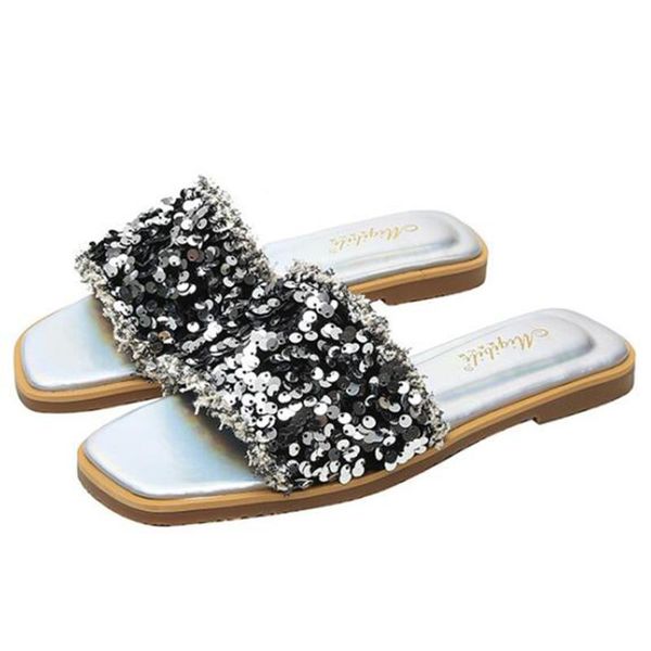 

slippers summer women shoes fashion sequins square head flat home leisure flip flops female non-slip beach xx476, Black
