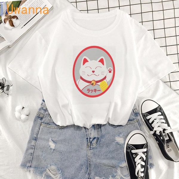 

women's t-shirt cute style lucky cat tshirt elf print graphic tees women t shirt harajuku clothing short sleeve white female
