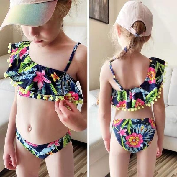 

one-piece suits tropical floral girls swimsuit kids pom ruffle girl bikini set 5-10 years two piece children's swimwear bathing suit