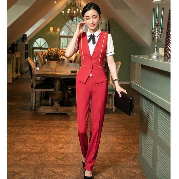 

women's vests formal ladies red vest & waistcoat women work wear suits two piece pant and sets office business clothes pantsuits, Black;white