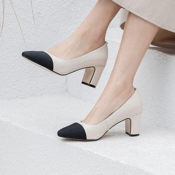 

dress shoes allbitefo round toe genuine leather comfortable office ladies high heels women heel spring sweet, Black