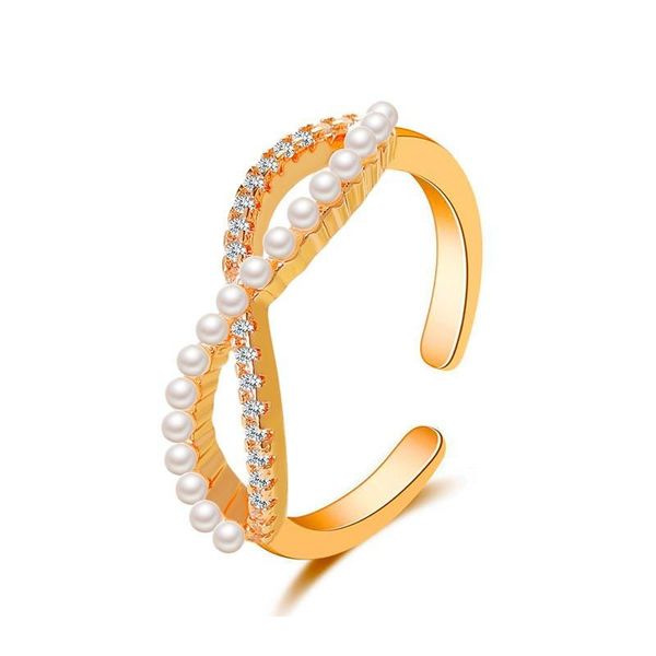 

eight shaped cross pearl open ring european women copper crystal finger rings hollow out party gift gold hand jewelry accessories wholesale, Golden;silver