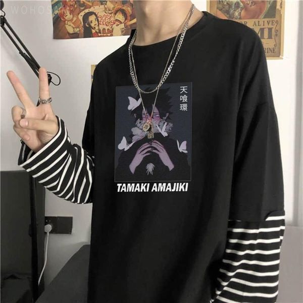

men's t-shirts harajuku anime my hero academia fake two pieces t shirts kawaii manga tamaki amajiki graphics men/women summer striped, White;black