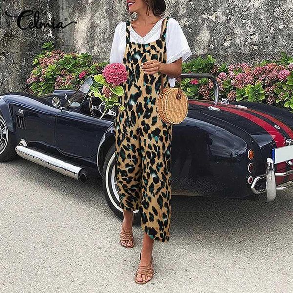 

celmia women jumpsuits fashion sleeveless straps summer wide leg pants leopard printed long rompers female casual overalls women's &, Black;white