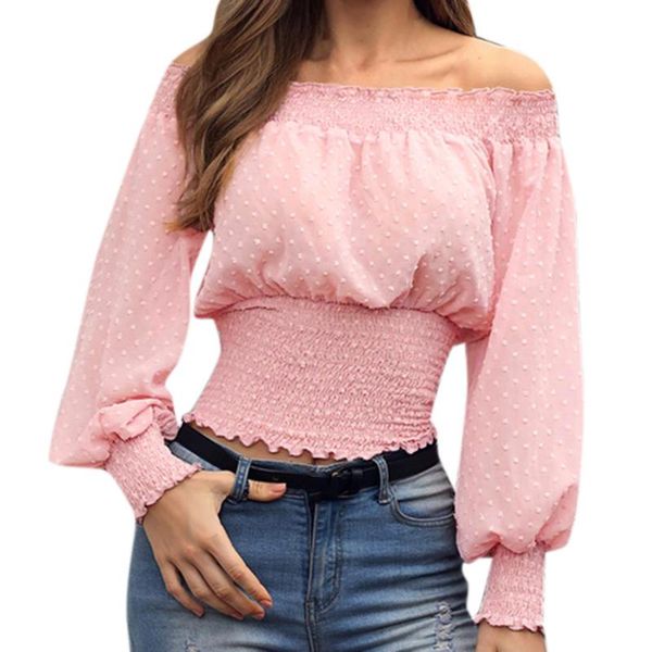

women's blouses & shirts fashion off shoulder shirring frill hem blouse long sleeve summer and autumn crop blusas mujer, White
