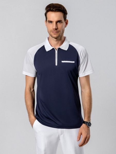 

men quarter zip raglan sleeve colorblock polo shirt e2mt#, White;black
