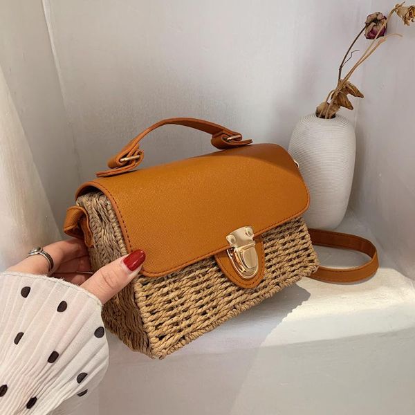 

women summer fashion straw shoulder bag korean casual beach brand lock design picnic bamboo woven hand box cross body